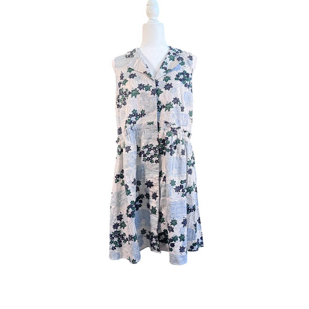 Tuckernuck Shirt Dress Blue Green Floral Leaf Print Sleeveless Collared Large